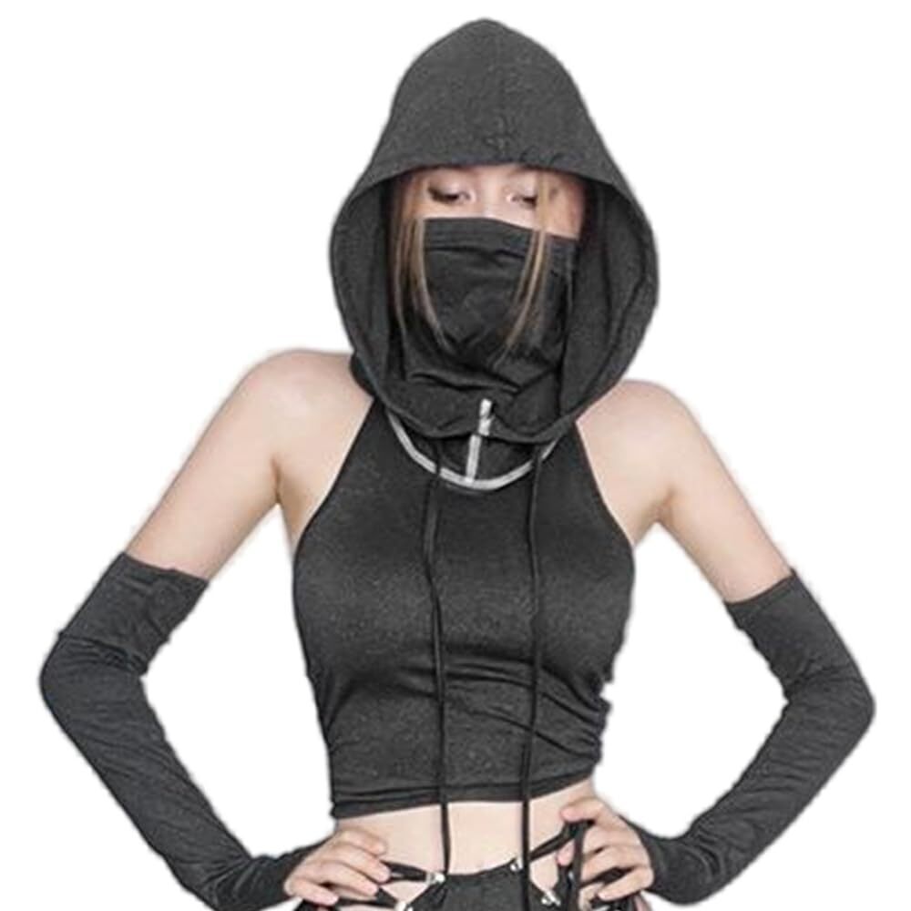 8829 Festival Tops Rave Outfits Sexy Crop Top Hooded Tank Y2K Goth